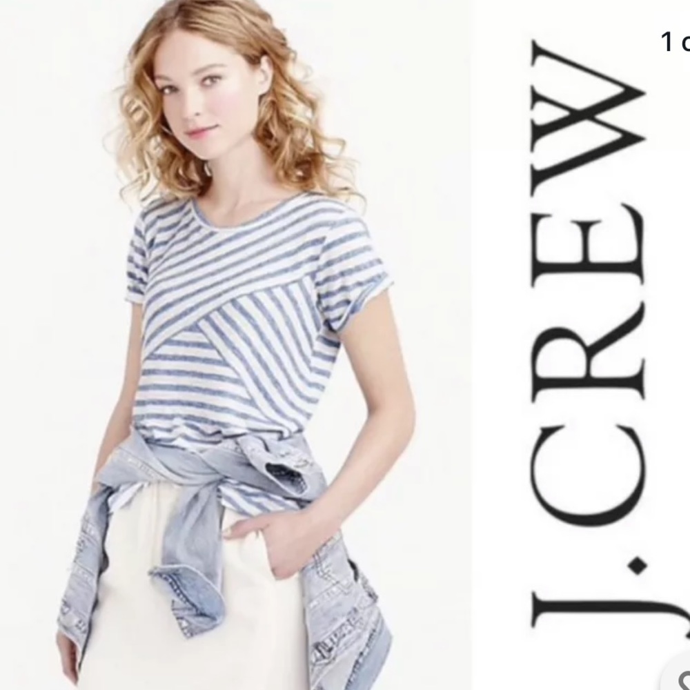 J Crew Linen Cross Stripe Tee Size S Blue White